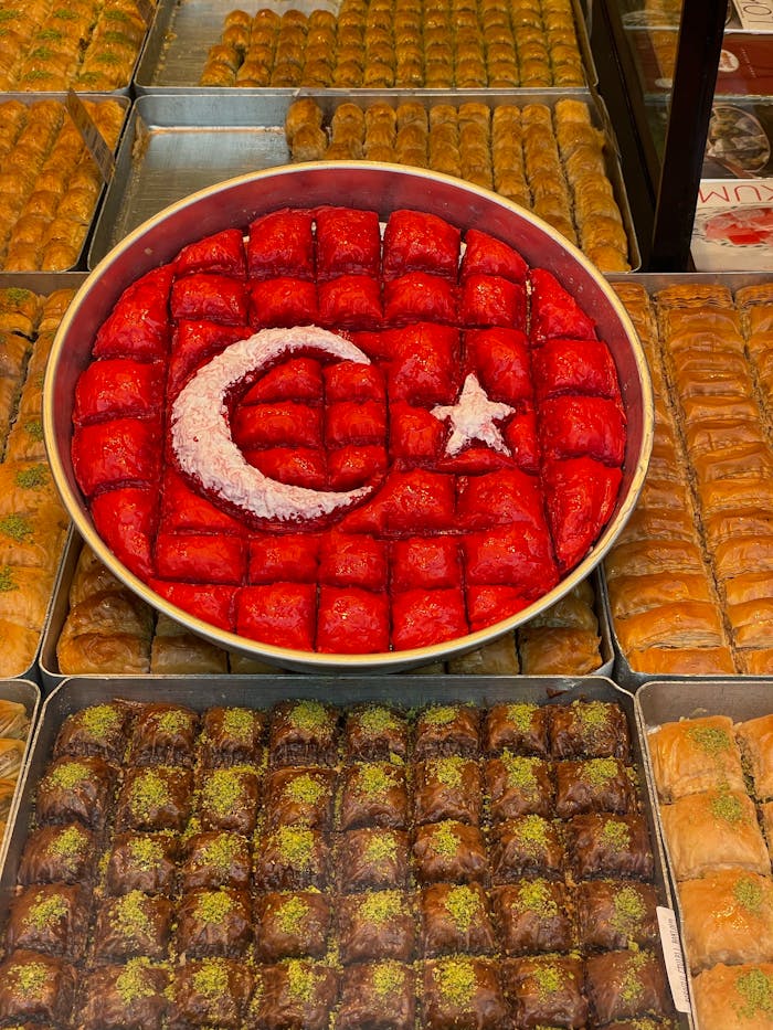 A delightful array of Turkish pastries arranged in a flag design with national pride.