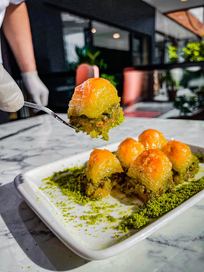 A close-up of traditional Turkish baklava topped with pistachios elegantly presented on a plate.